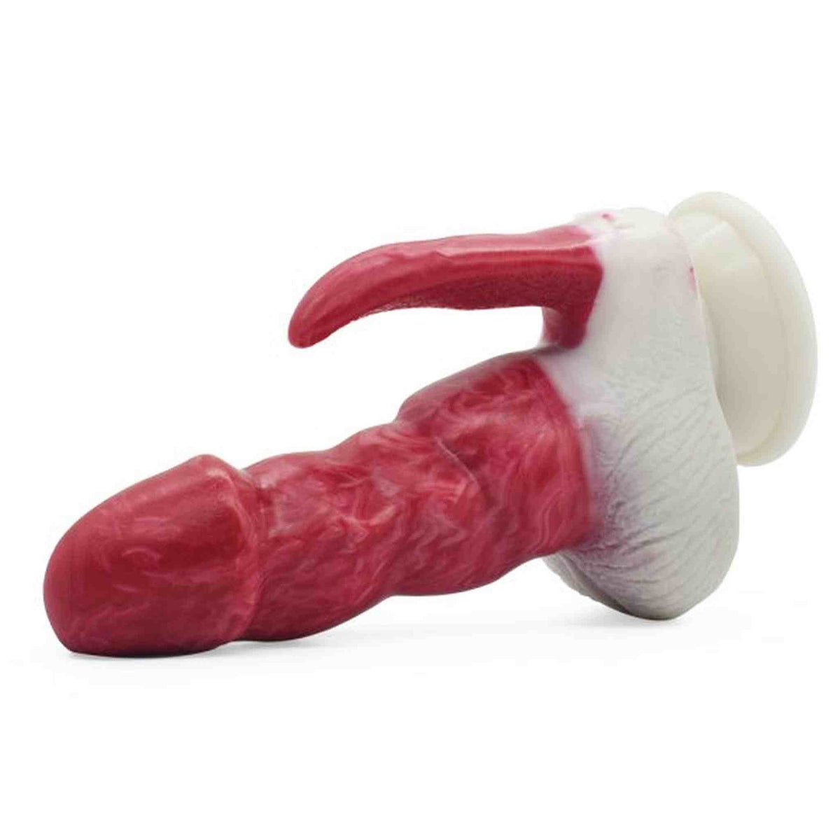Dildo mostro silicone rosso bianco con base forata centrale texture ondulata