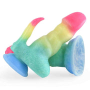 Set due dildo mostri silicone gradiente rosa giallo verde con basi marblate