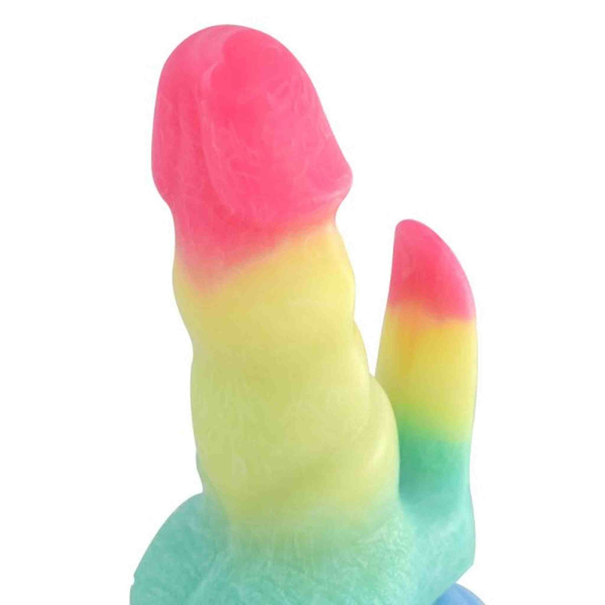 Dildo mostro in silicone opaco gradiente rosa giallo verde con texture rugosa
