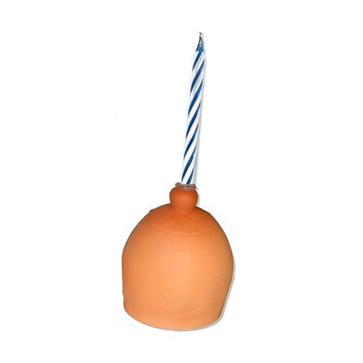 Candela a forma di seno arancione con stoppino blu e bianco