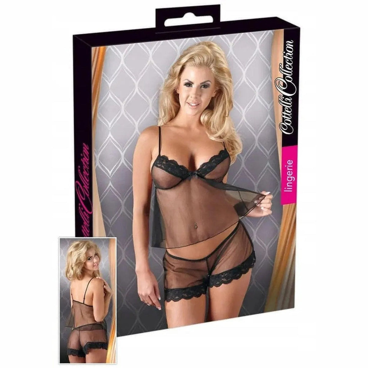 Top & Short Trasparenti Con Bordatura in Pizzo Nero