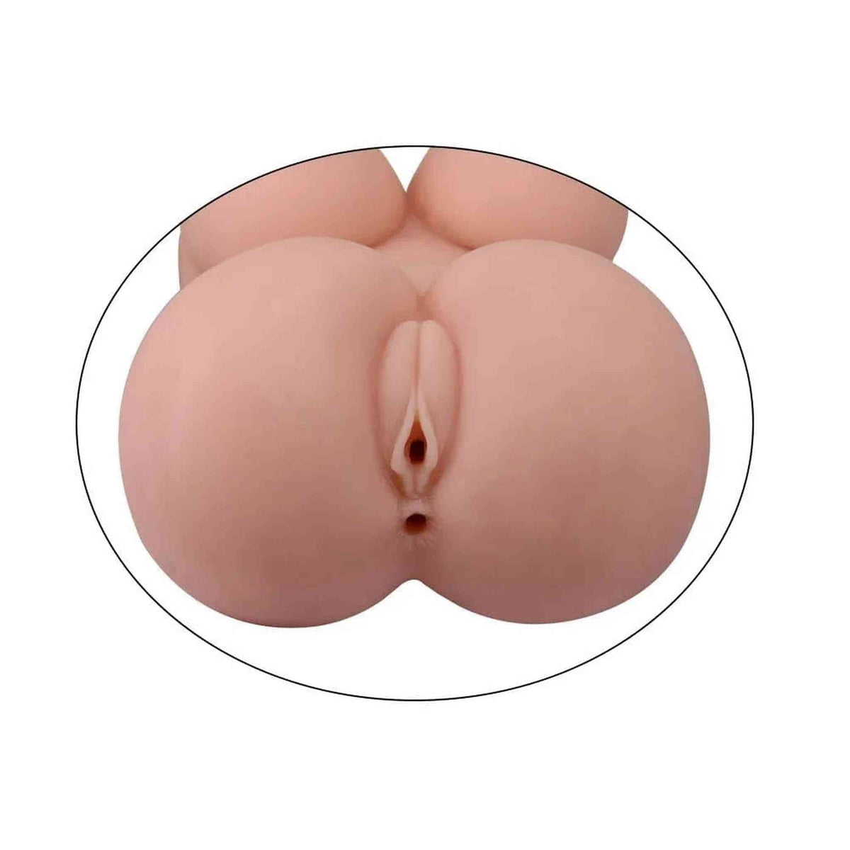 Dettaglio posteriore apertura vaginale e ano su masturbatore torso donna in silicone