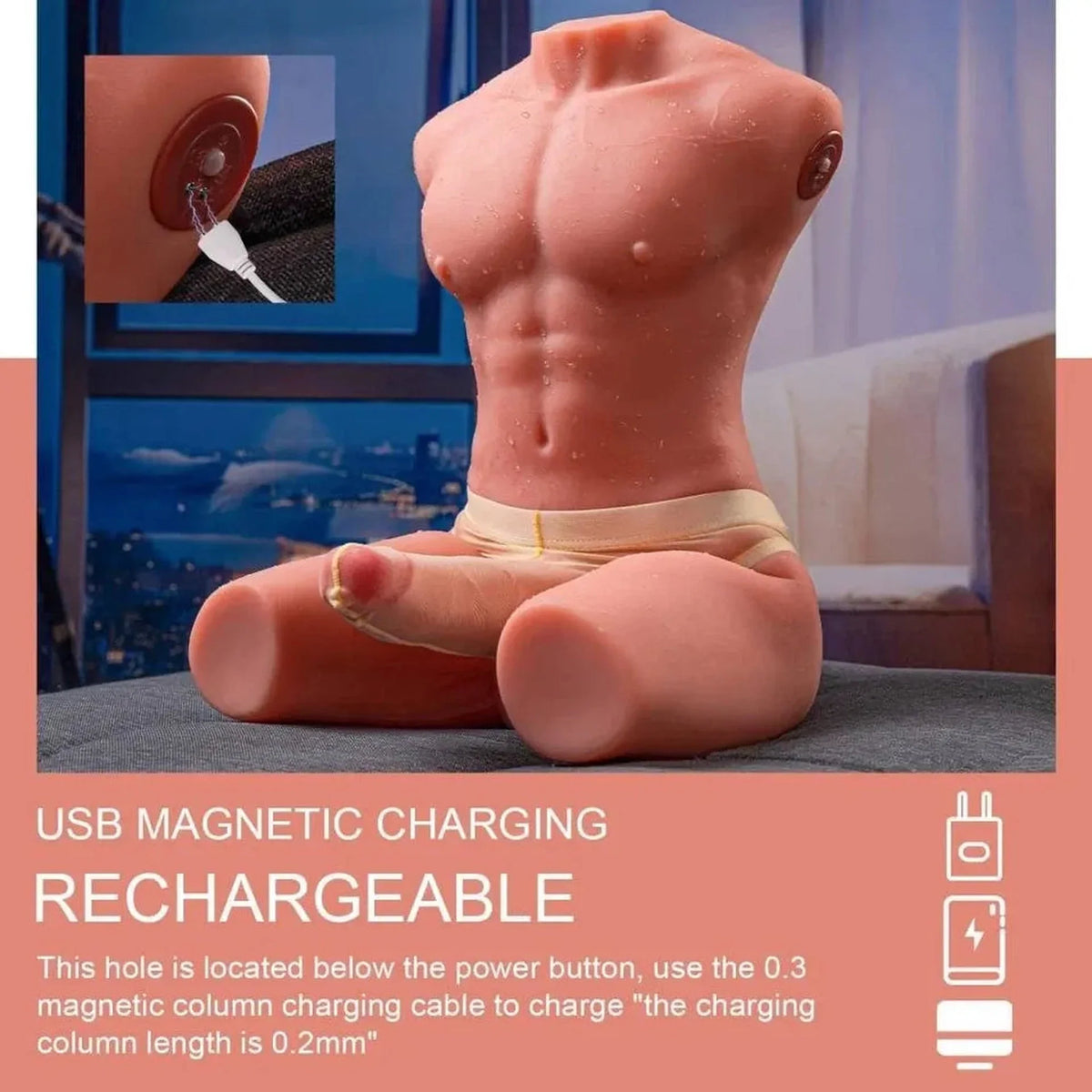 Torso uomo ricaricabile via USB magnetico con cavo inserito e indicatore batteria