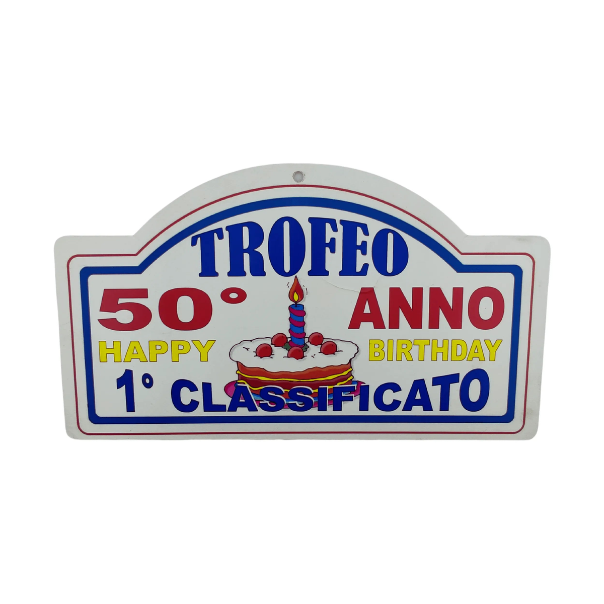 Targa trofeo 50esimo anno Happy Birthday con torta e scritta Primo Classificato