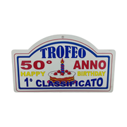 Targa trofeo 50esimo anno Happy Birthday con torta e scritta Primo Classificato
