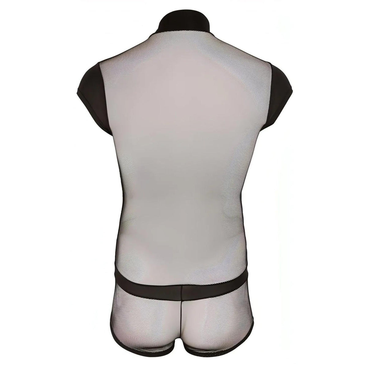Tuta Corta Uomo Sexy Con Zip e Inserti a Rete e Fantasia a Bande Nere