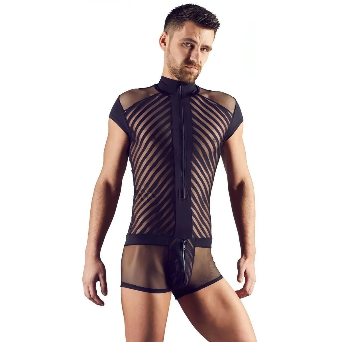 Tuta Corta Uomo Sexy Con Zip e Inserti a Rete e Fantasia a Bande Nere