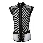 Tuta Corta Uomo Sexy Con Zip e Inserti a Rete e Fantasia a Bande Nere