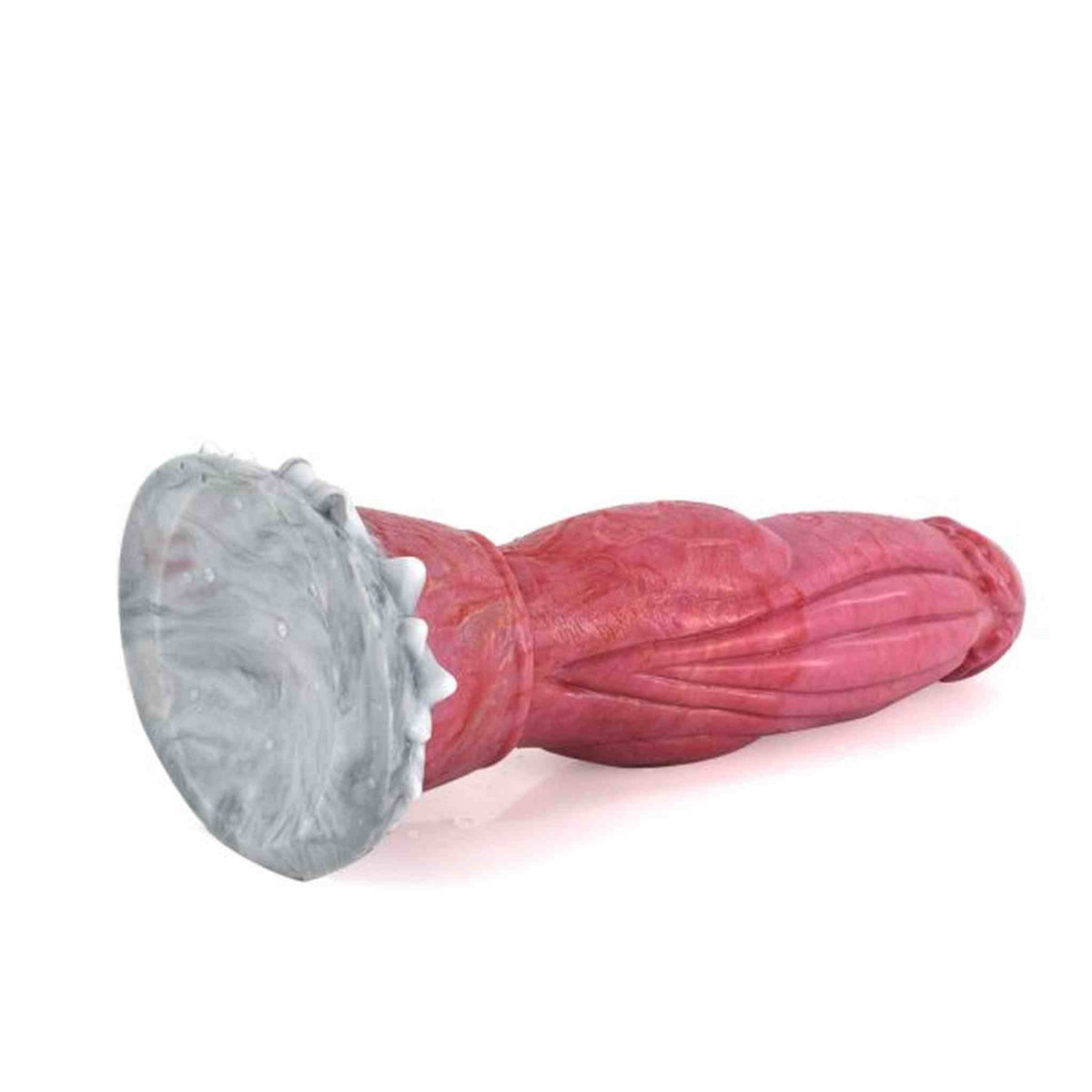 Dildo T-Rex rosa con venature rosse e base marmorizzata