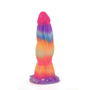 Dildo T-Rex a strisce arcobaleno con testa rosa