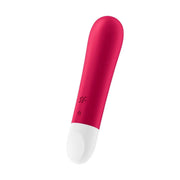 Vista angolata vibratore Satisfyer Ultra Power Bullet 1 rosso con icona pulsante