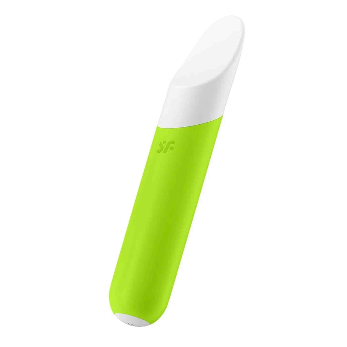 Vibratore bullet Satisfyer Ultra Power 7 verde lime inclinato che mostra curvatura corpo