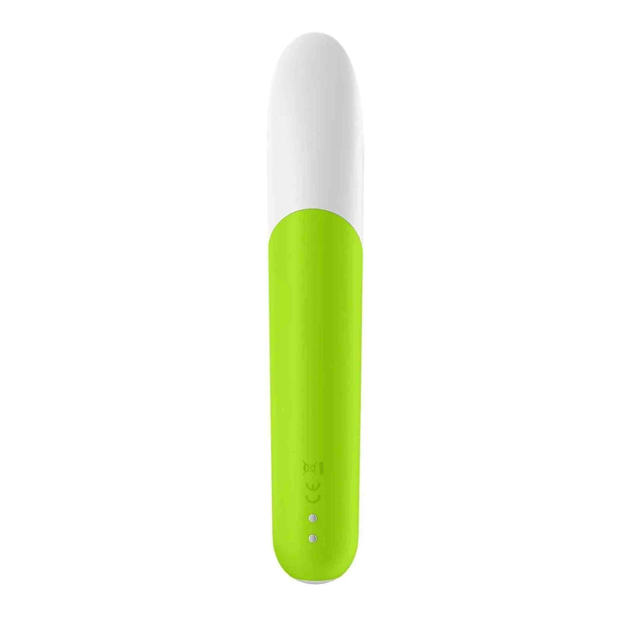 Retro vibratore bullet Satisfyer verde lime con pulsanti circolari e simboli CE