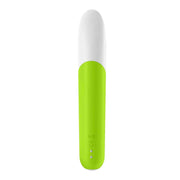 Retro vibratore bullet Satisfyer verde lime con pulsanti circolari e simboli CE