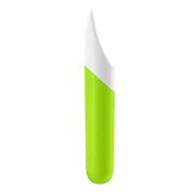 Vibrazione bullet Satisfyer verde lime profilo laterale con testa bianca angolata