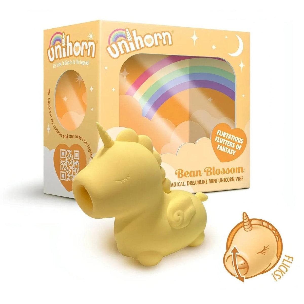 Vibratore clitorideo Unihorn Bean Blossom unicorno giallo profilo laterale con scatola imballaggio alle spalle