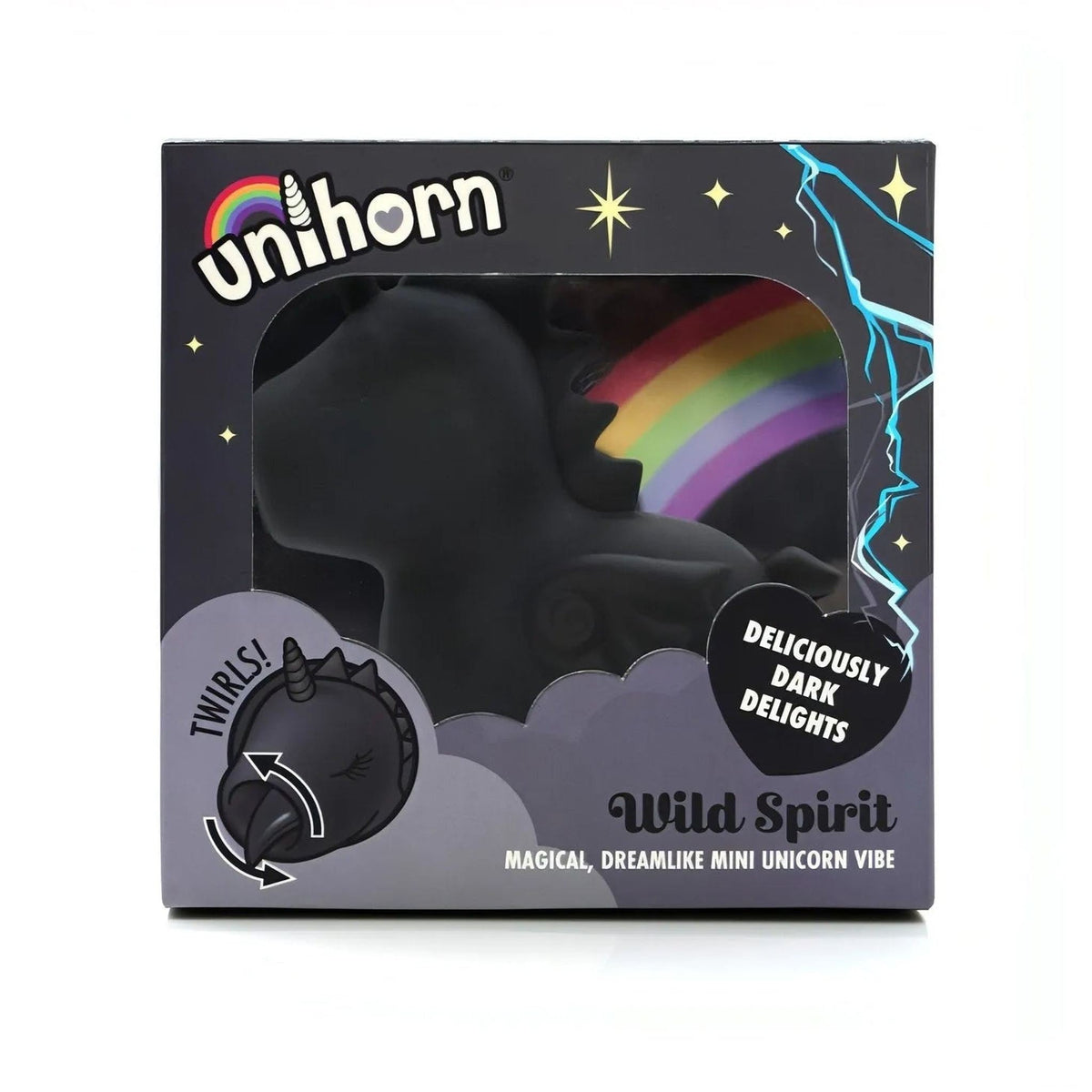 Confezione vibratore clitorideo Unihorn Wild Spirit nera con finestra trasparente e logo arcobaleno