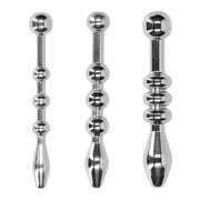 Set di tre sonde uretrali in acciaio inox lucido con teste sferiche e anelli incassati