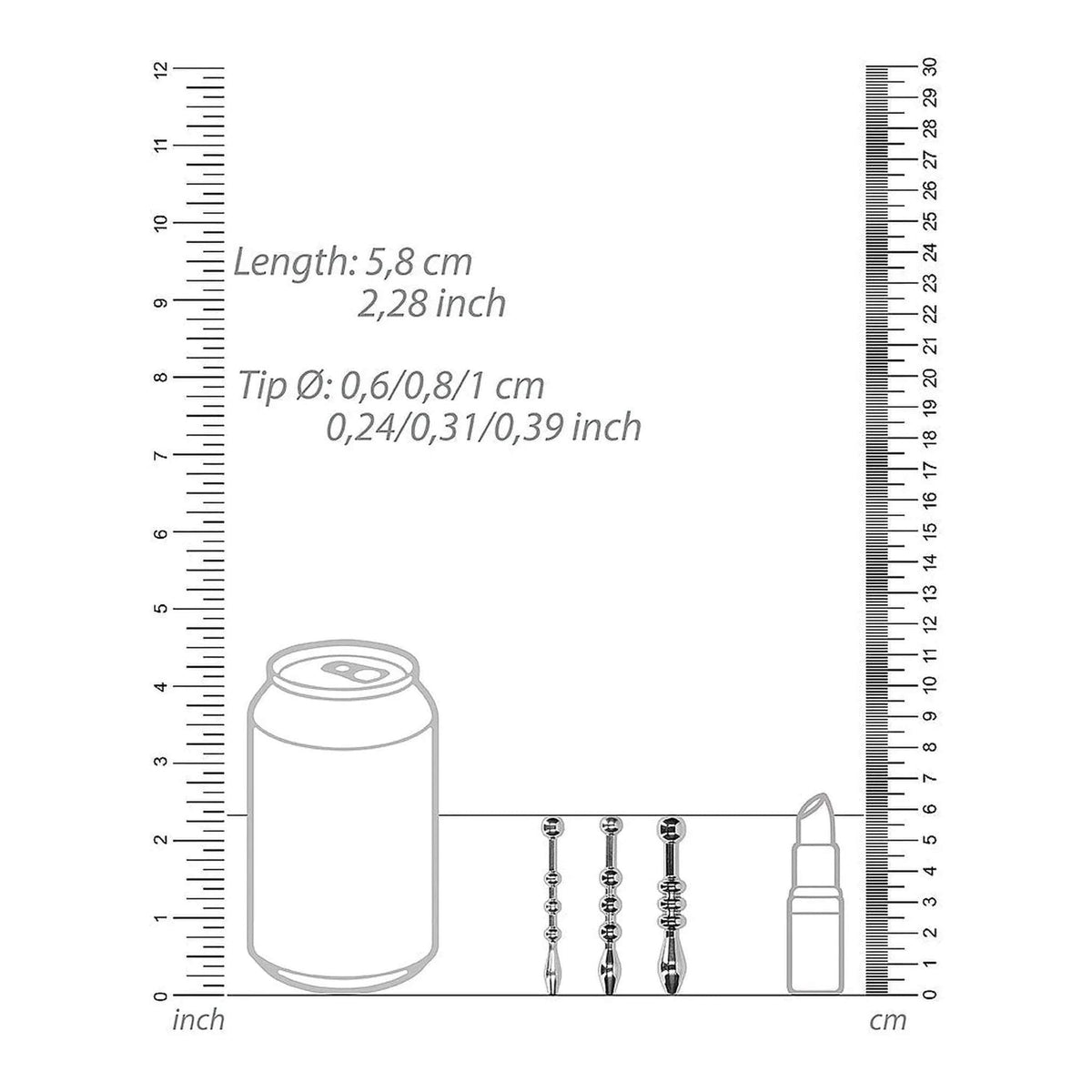 Confronto dimensioni sonde uretrali metalliche con righello e specifiche tecniche in cm