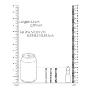 Confronto dimensioni sonde uretrali metalliche con righello e specifiche tecniche in cm