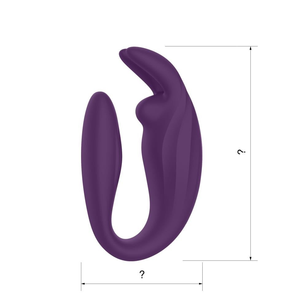 Vibratore di coppia Venere viola a forma di U con linee di misurazione altezza e larghezza