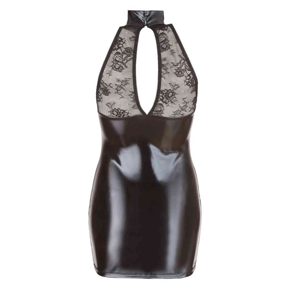 Vestitino nero effetto pelle vista posteriore scollo halter inserto pizzo