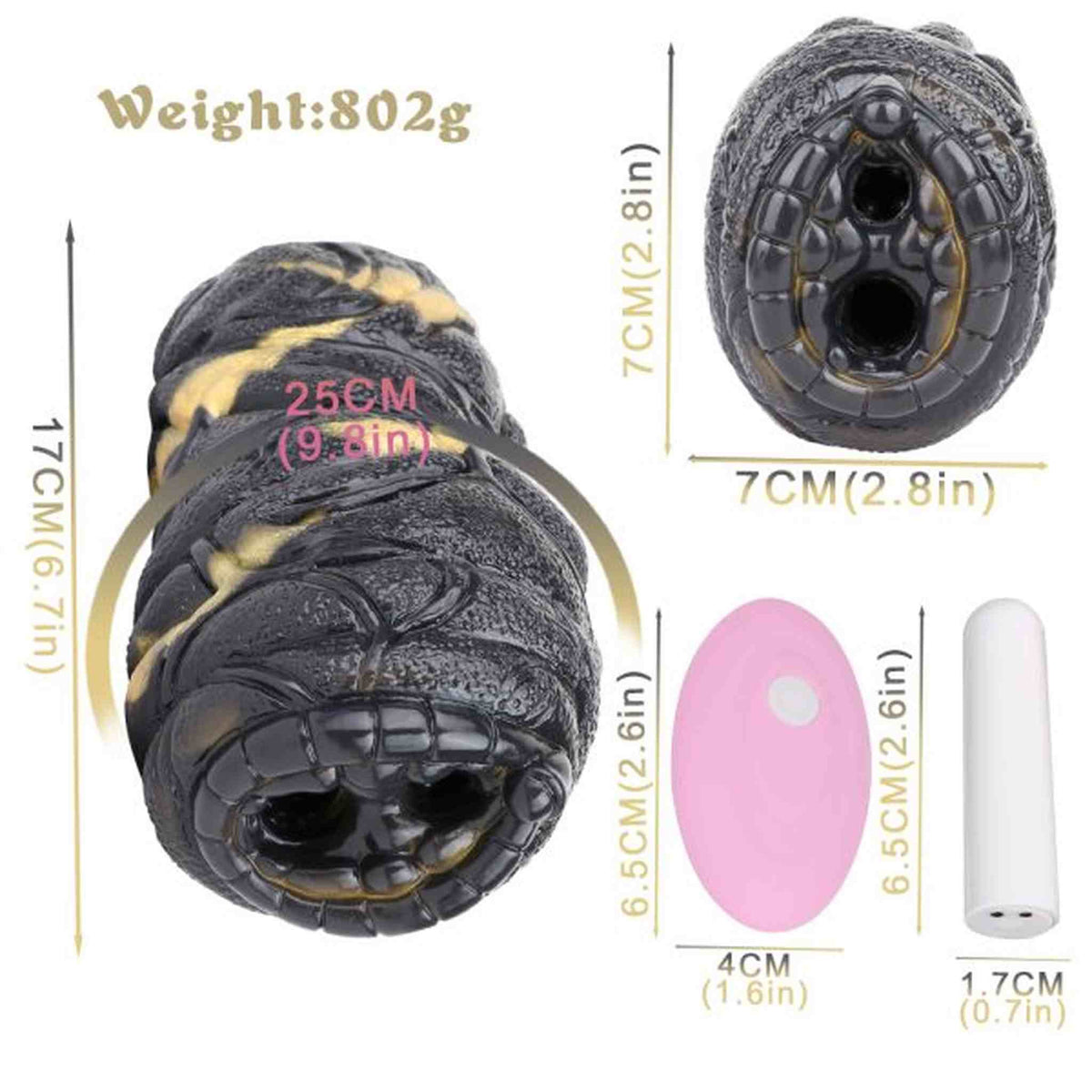 Vibratore masturbatore uomo nero oro 25cm con telecomandi rosa e bianco e cavo USB