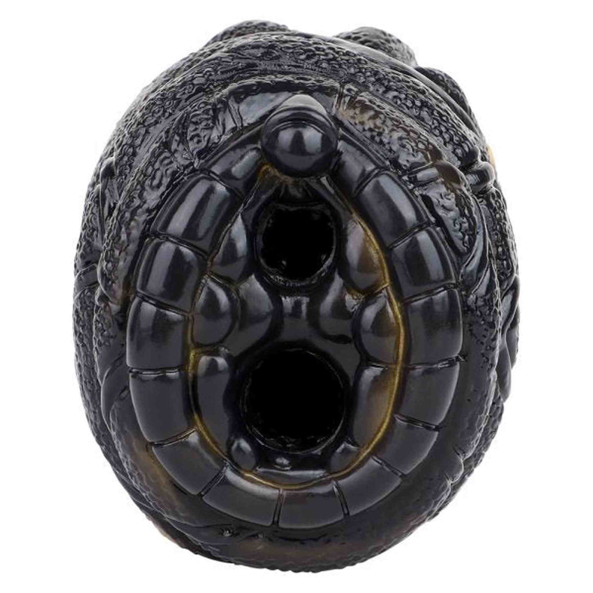 Vibratore per uomini in silicone liquido nero con dettagli giallo-oro e texture pelle di rettile