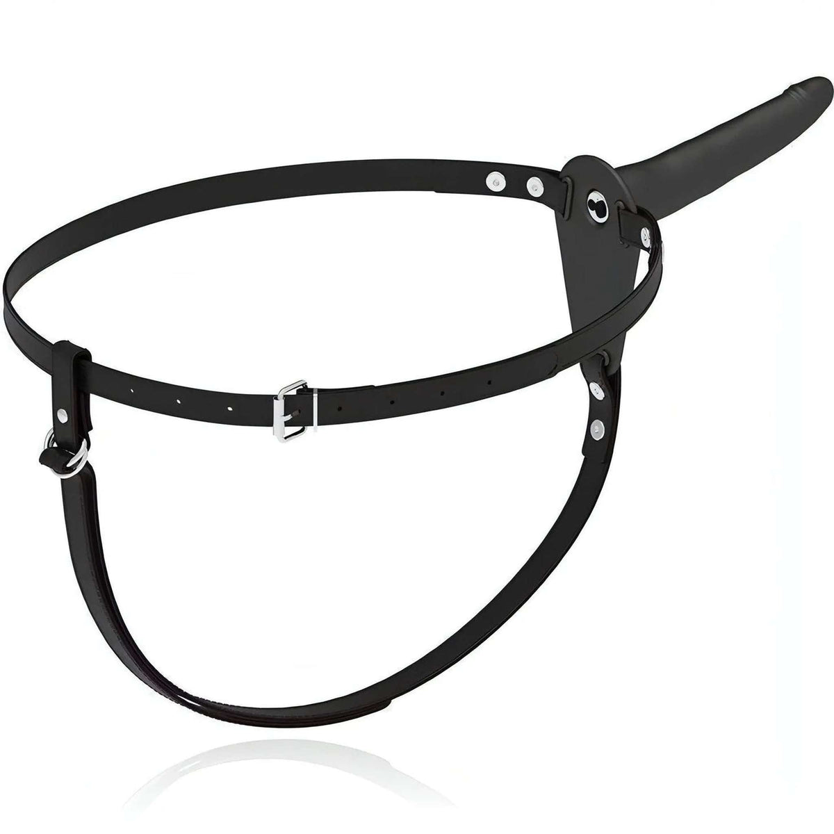 Vista frontale strapon nero Vibrating Penetrix con fibbia centrale e dettagli metallici