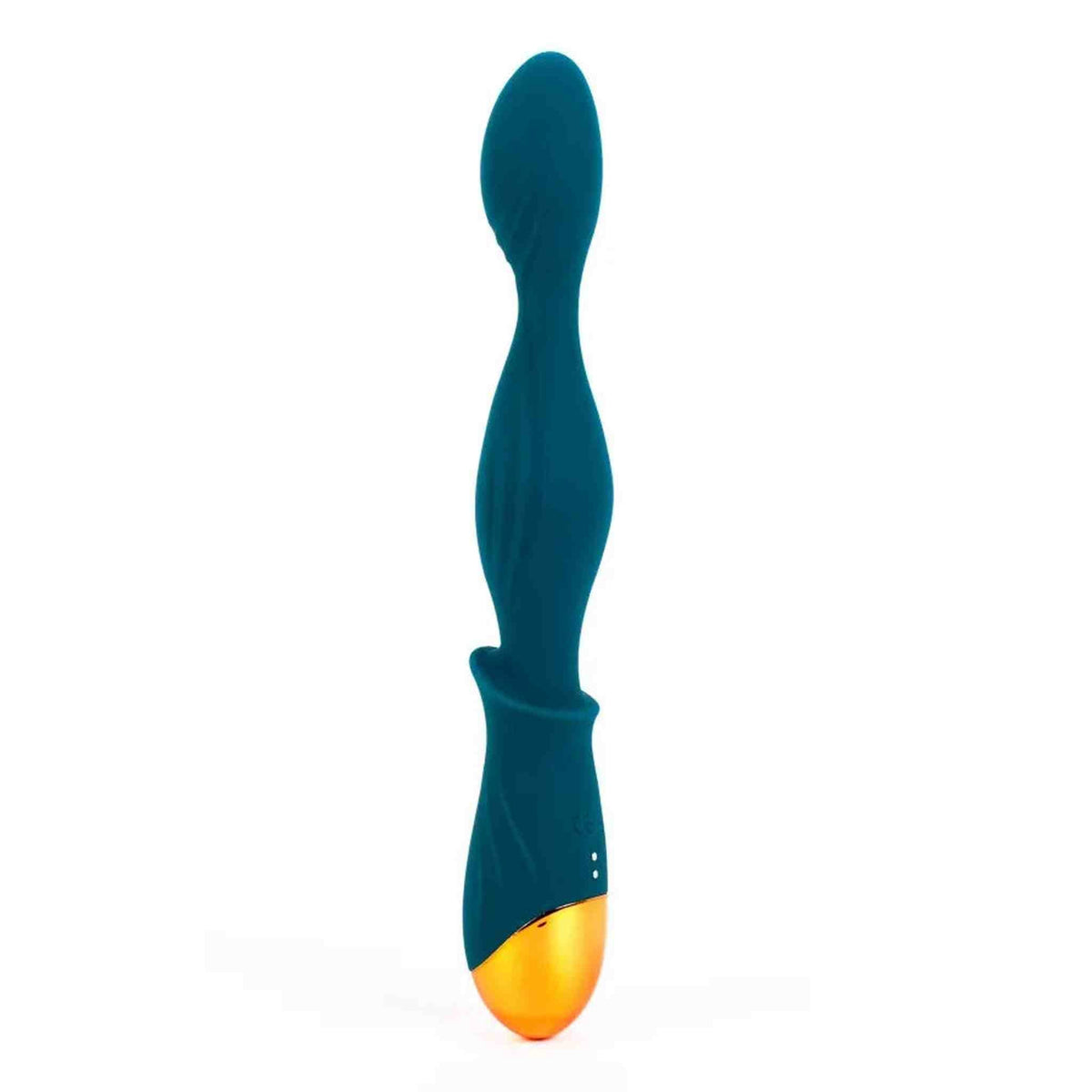 Plug anale in silicone blu scuro con base dorata e texture ondulata