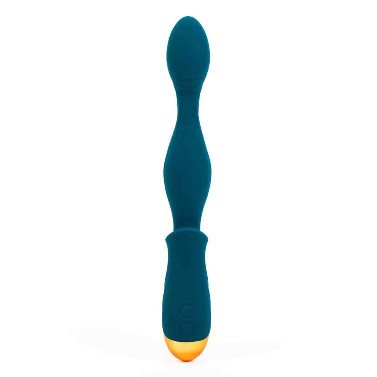 Vista frontale vibratore anale blu scuro con simboli vibrazione e accensione su manico