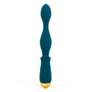 Vista frontale vibratore anale blu scuro con simboli vibrazione e accensione su manico