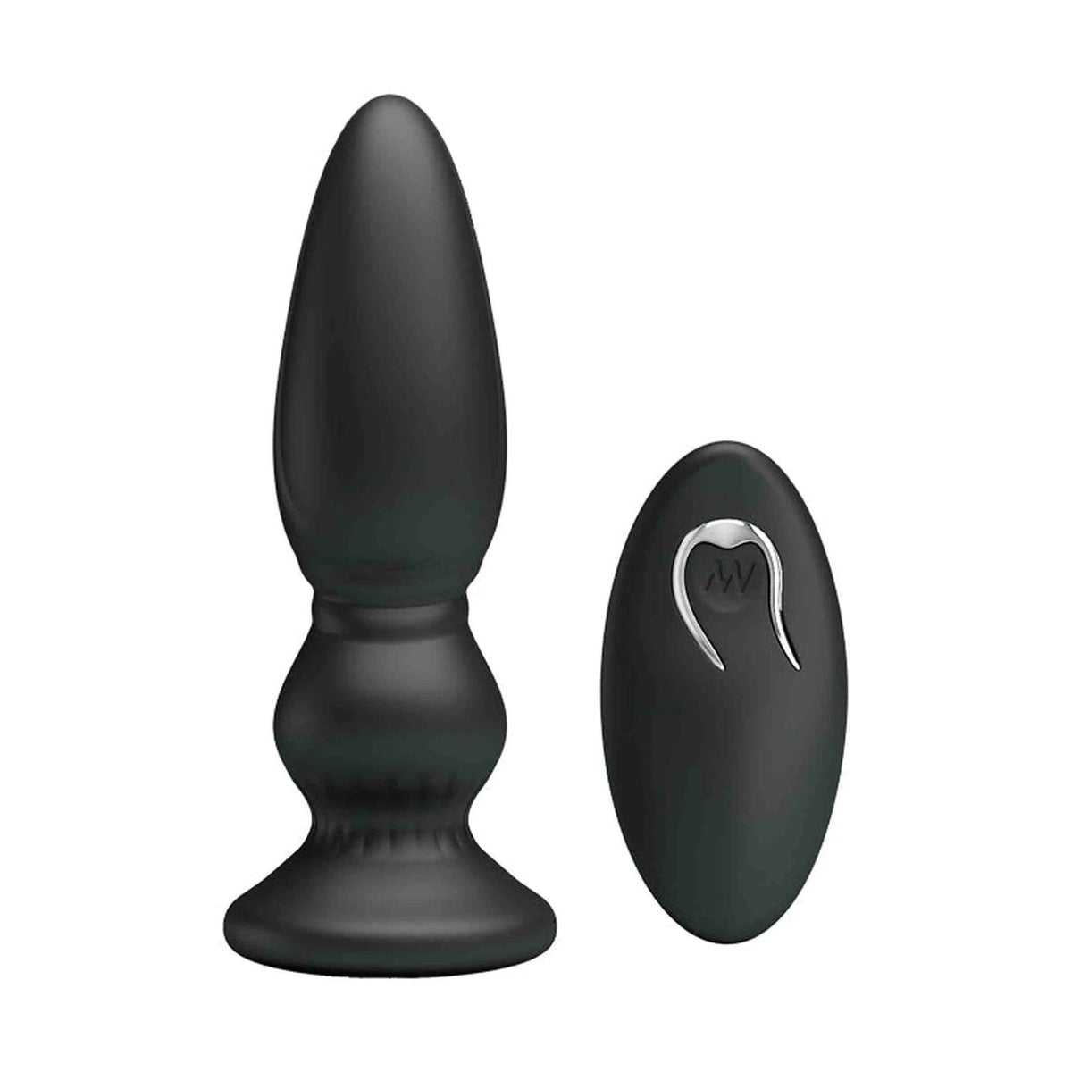 Vista laterale plug anale nero ergonomico con telecomando M