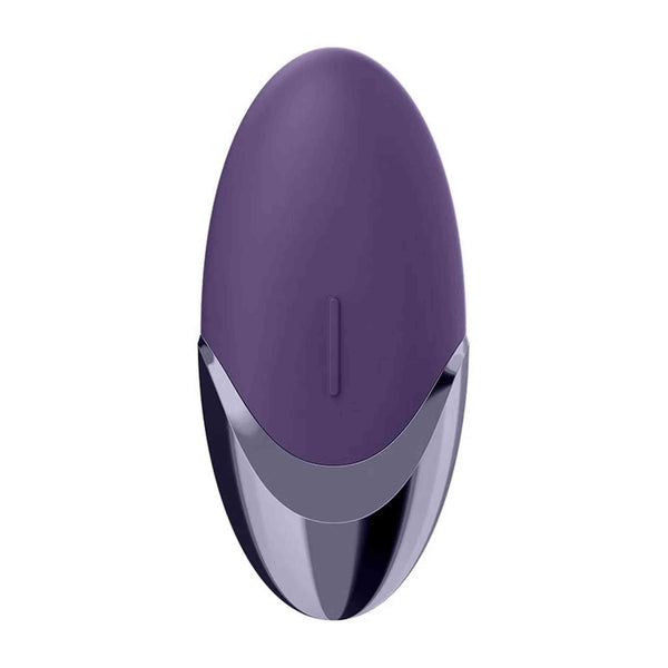 Dettaglio frontale vibratore viola opaco e base in metallo lucido Satisfyer