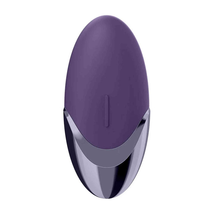 Dettaglio frontale vibratore viola opaco e base in metallo lucido Satisfyer