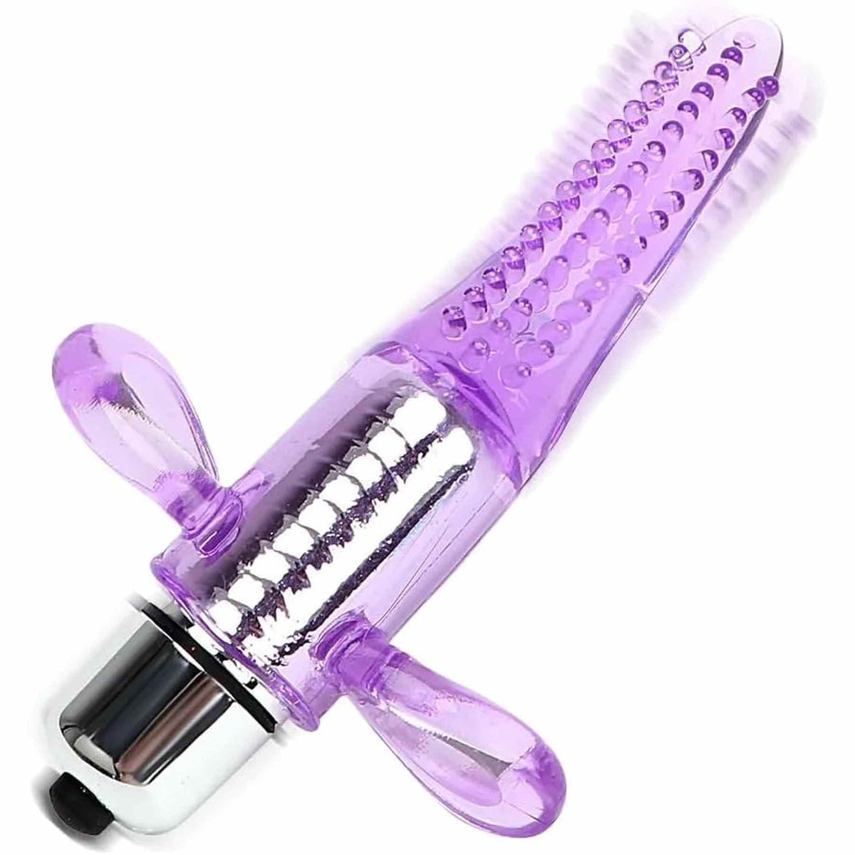 Vibratore da dita ergonomico viola con punta a rilievi sferici e anelli laterali