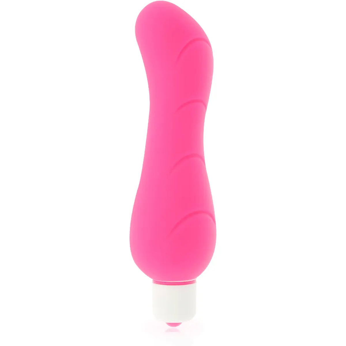 Vibratore rosa acceso in silicone per punto G con texture morbida e incisioni