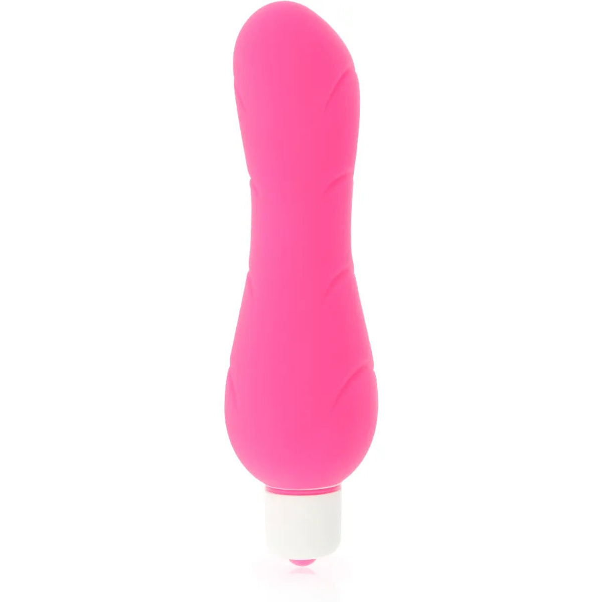 Vibratore rosa acceso con incisioni ondulate e base bianca per uso intimo