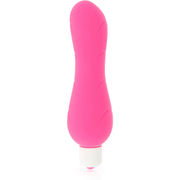 Vibratore rosa acceso con incisioni ondulate e base bianca per uso intimo