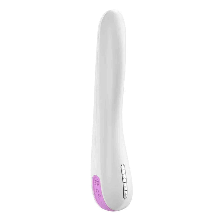 Vibratore OVO F6 bianco e rosa con base ergonomica e controlli pulsanti