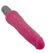 Vibratore rosa realistico lungo con etichetta rossa e finitura vellutata