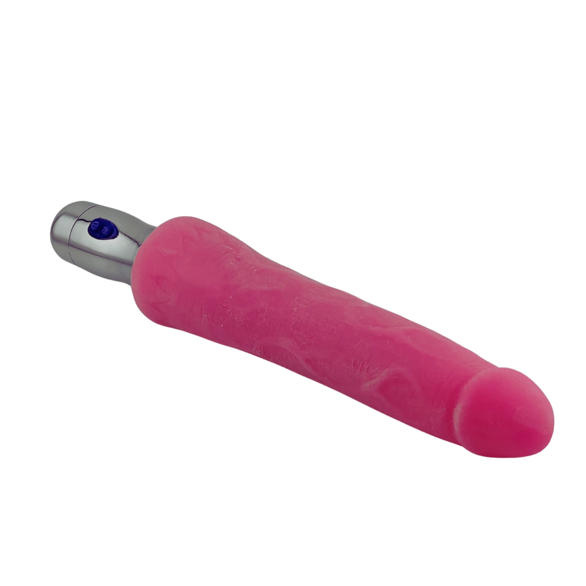 Vibratore rosa realistico soft-touch con manico cromato e pulsante blu