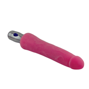 Vibratore rosa realistico soft-touch con manico cromato e pulsante blu