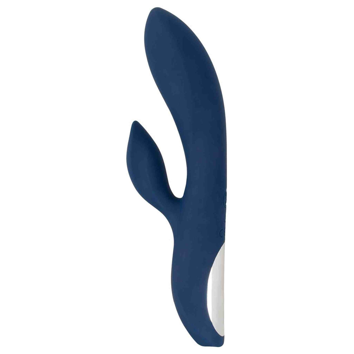 Vista laterale vibratore rabbit blu scuro ergonomico con orecchio inferiore esteso