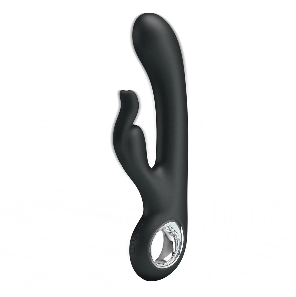 Vista laterale vibratore rabbit nero ergonomico con tre pulsanti e base metallica