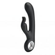 Vista laterale vibratore rabbit nero ergonomico con tre pulsanti e base metallica