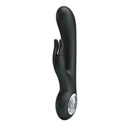 Vibratore rabbit nero in silicone con testa inclinata e anello di ricarica cromato