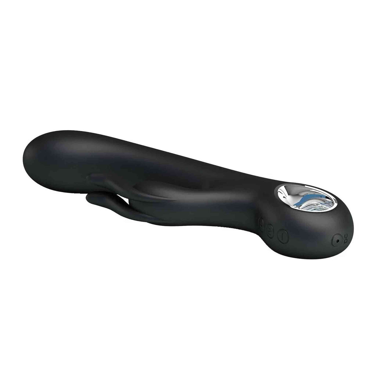 Vibratore rabbit nero opaco ergonomico con pulsanti incisi e base metallica decorata