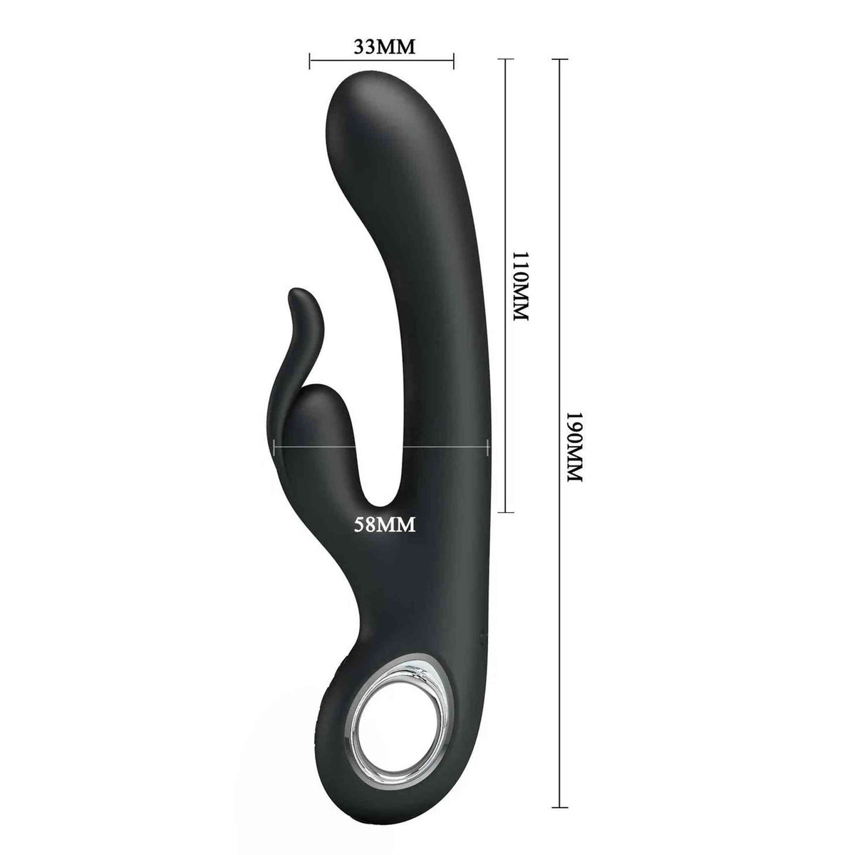 Vibratore rabbit nero con misure grafiche lunghezza totale e parte inseribile