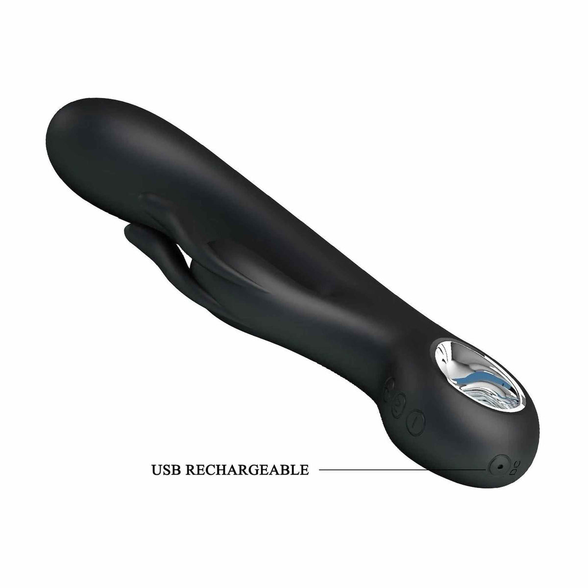 Vibratore rabbit nero con dettaglio foro ricarica USB e etichetta ricaricabile